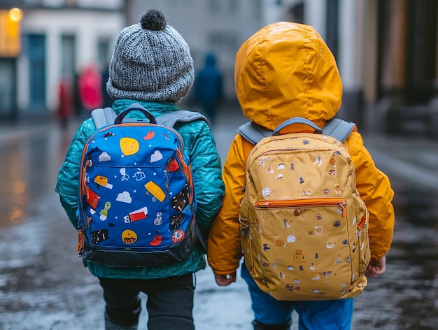 Photo landscape of a cartoon picture of three children with their backpacks