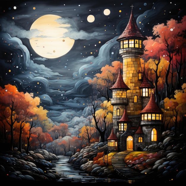 landscape castle wymstical illustration art night strange cute chatacter mystic background