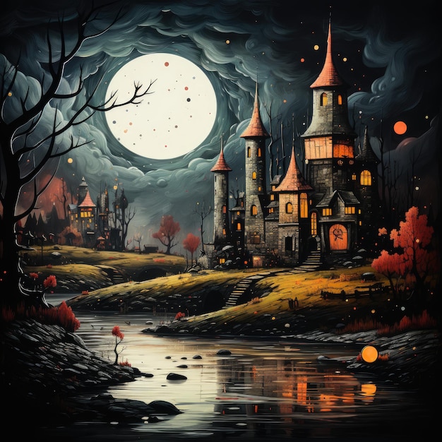 landscape castle wymstical illustration art night strange cute chatacter mystic background