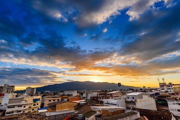 Landscape of Chiang mai Cityscape Skyline at evening with colorful twilight sky and clouds