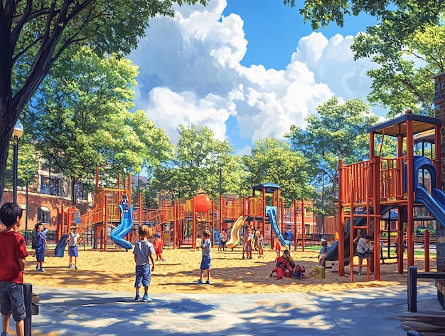 Landscape of a Childrens Play Area with a Playground and a Building in the Background