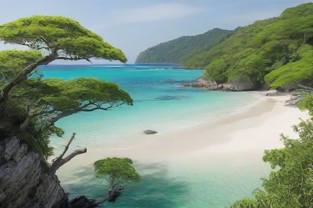 Landscape of the clear ocean and green trees