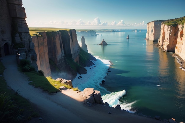 A landscape of cliffs and a body of water with a blue sky and clouds.