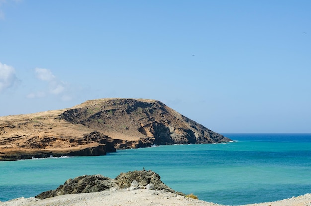 Landscape of the Colombian Caribbean coast in Guajira with sea and desert