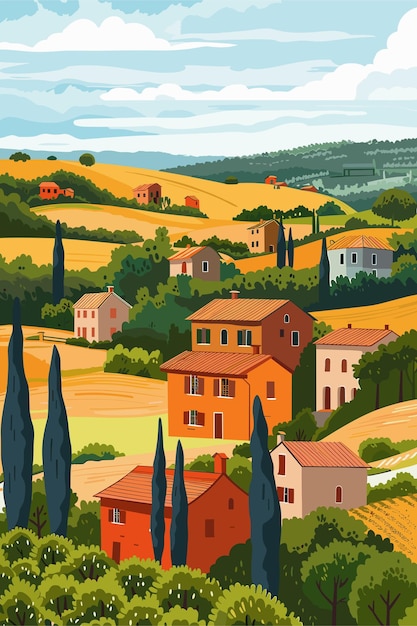 Photo landscape in countryside italy with houses fields vineyards and trees european summer village vector