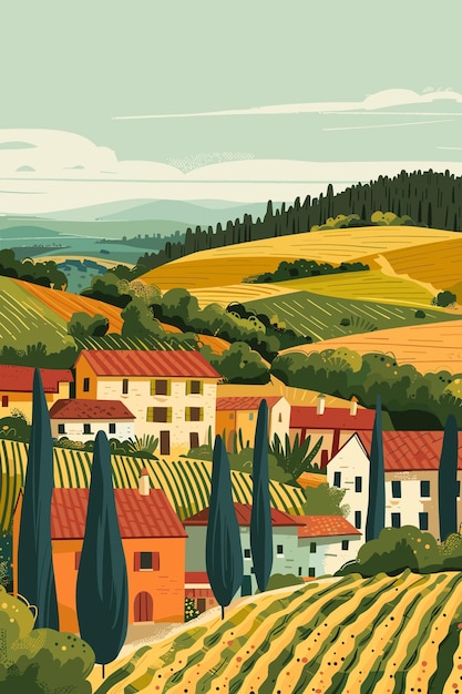 Photo landscape in countryside italy with houses fields vineyards and trees european summer village vector