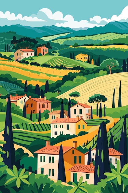 Photo landscape in countryside italy with houses fields vineyards and trees european summer village vector