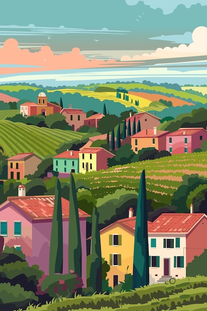 Photo landscape in countryside italy with houses fields vineyards and trees european summer village vector