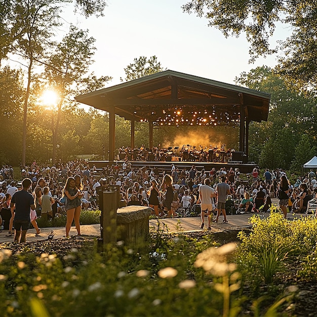 Photo landscape of a crowd of people gathered around a stage with the sun setting behind