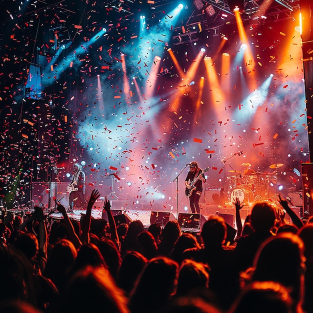 Landscape of Crowd Sitting in Front of Stage with Red Lights