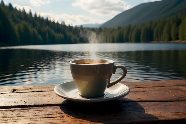 A landscape of a cup of coffee with a lake