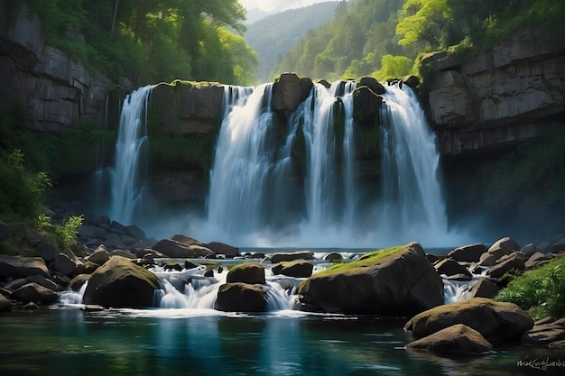 A landscape of a deep forest waterfall