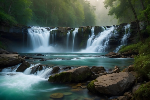 A landscape of a deep forest waterfall