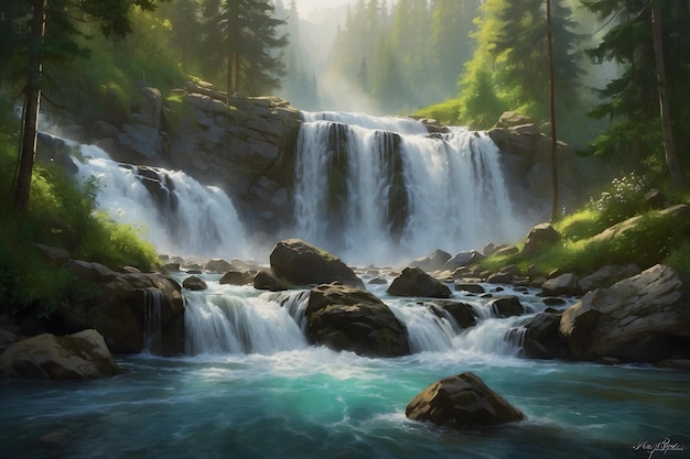 A landscape of a deep forest waterfall