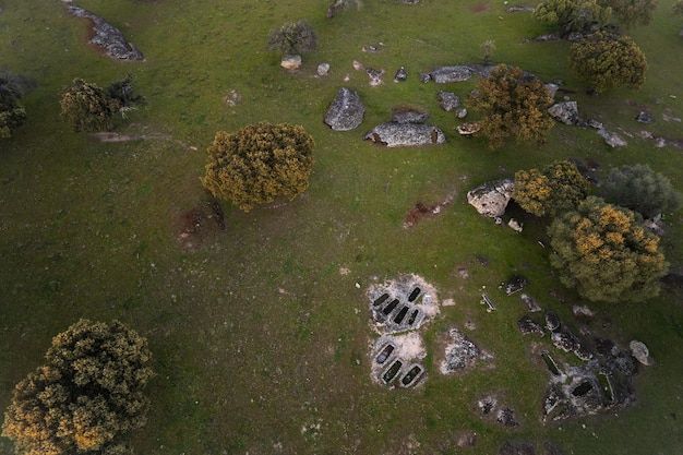 Landscape in Dehesa de la luz the graves are archaeological remains of IV century AD approximately