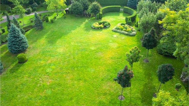 Landscape design of a public park. Wooden bridge across a dry river. Various ornamental plants grow on rockeries. Green lawn near the paved paths. Great place to relax.