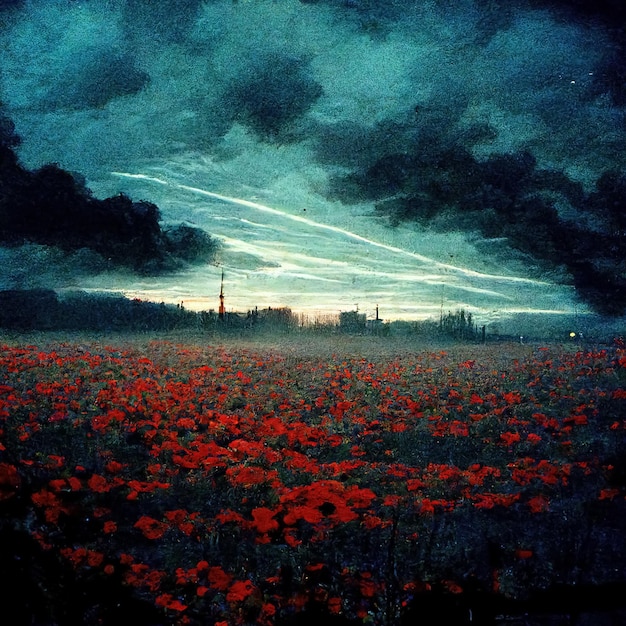 landscape digital drawing vintage retro apocalyptic scene red flower field foggy blue sky grainy old