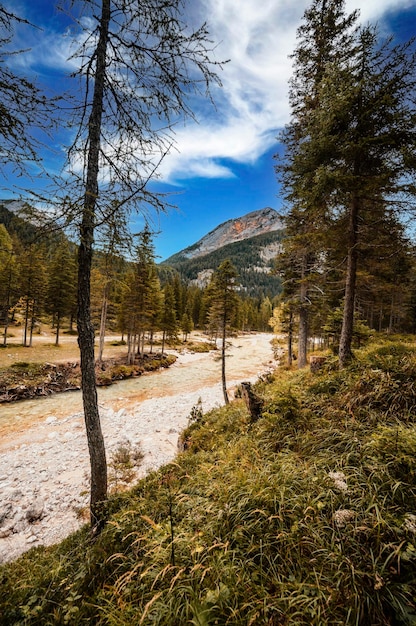 Landscape of Dolomites fanes valley Hiking nature in dolomite italy near Cortina d'Ampezzo The Fanes waterfalls Cascate di Fanes Dolomites Italy