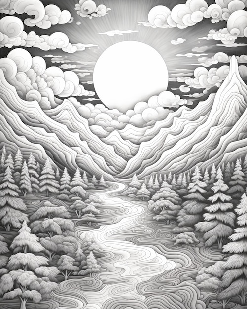 Photo landscape drawing of mountains and forest valley