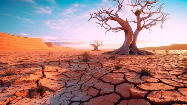 Landscape of dry cracked earth and dead tree Generative AI