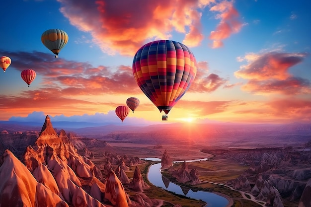 Landscape of fabulous Kapadokya Colorful hot air balloons flying Generative Ai