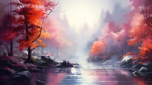 landscape in a fairy forest colorful autumn trees in unusual neon lighting foggy background autumn fantasy