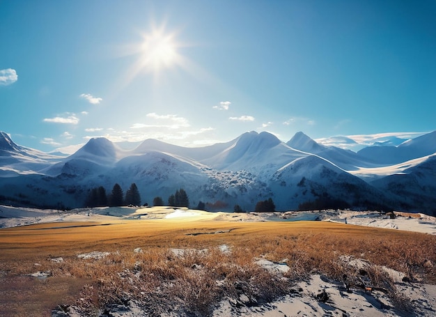 Landscape of a field and mountains all covered with snow and the shining sun