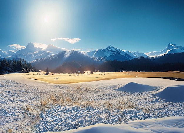 Landscape of a field and mountains all covered with snow and the shining sun