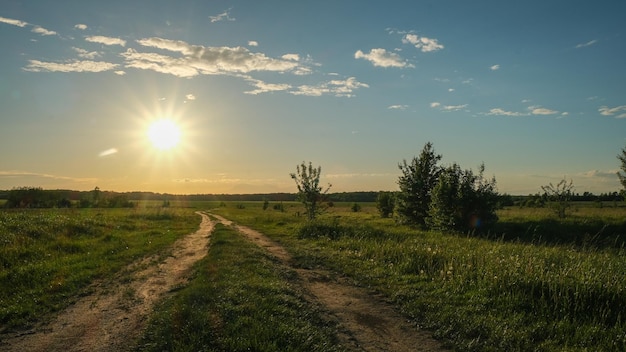 Landscape of a field road and the sun at sunset