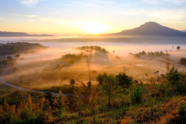 Landscape fog in morning sunrise at Khao Takhian Ngo 