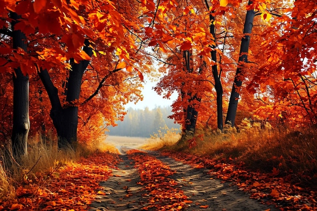 Photo landscape of a forest covered in dry leaves and trees under the sunlight in the autumn