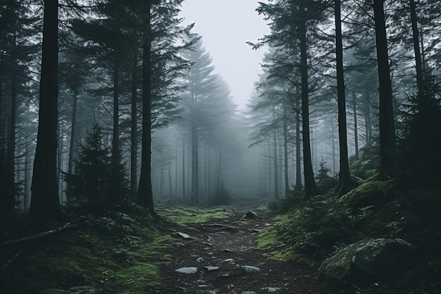 Landscape of a forest covered in the fog