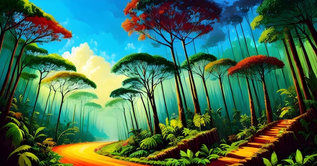 Landscape Forest Jungle Painting Illustration Colorful Enchanted trees dreamy nature Generative AI