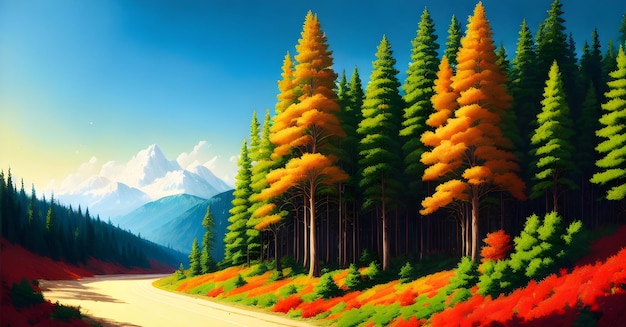 Landscape Forest Jungle Painting Illustration Colorful Enchanted trees dreamy nature Generative AI