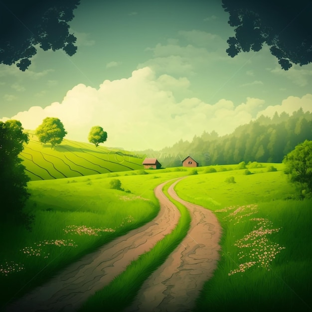 Landscape of a forest with trees stones road and small flowers sky