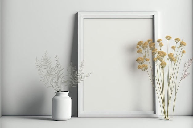 Landscape frame mockup in white minimalistic interior with dry flowers in vase