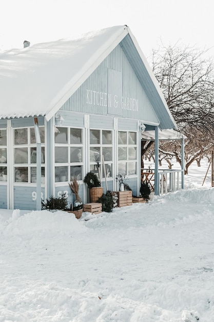 Landscape of a garden house during winter.