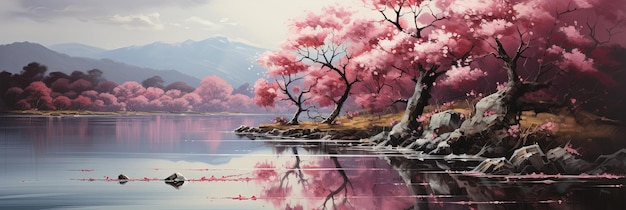 A landscape of a gentle sunset through the branches of a cherry blossom next to the river conveying a dreamy and supernatural atmosphere in the beauty of nature Generative AI