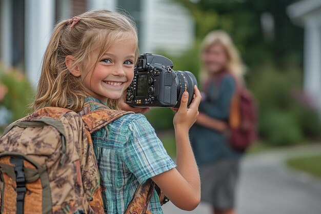 Photo landscape of a girl with a backpack taking a picture of a group of school children