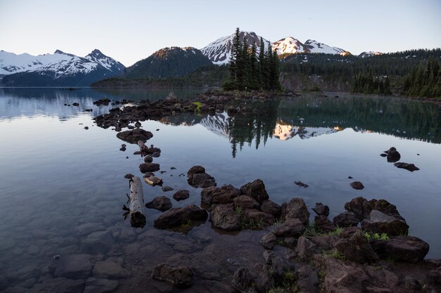 Landscape at the Glacier Lake with rocky islands and mountains in the background