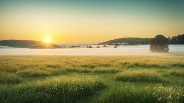 Landscape grass field with the sunrise a blossoming meadow and fog panorama AI Generated