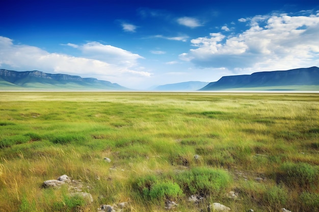 Landscape of grassland and mountains under blue sky with clouds