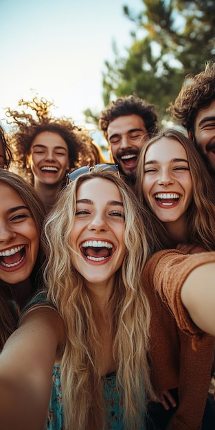 Photo landscape of a group of friends laughing together