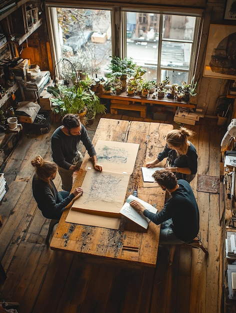 Landscape of a Group of People Sitting at a Table with a Laptop and I Love Text