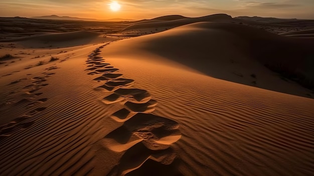 Landscape of a hot desert with sandy wave and a trail in the evening good for concept