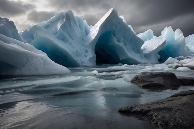 A landscape of an iceberg melting