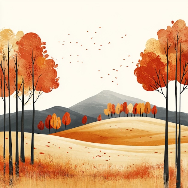 Photo landscape illustration of autumn trees and hills capturing a vibrant seasonal vibe