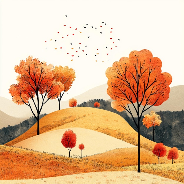 Landscape Illustration of autumn trees and hills capturing a vibrant seasonal vibe