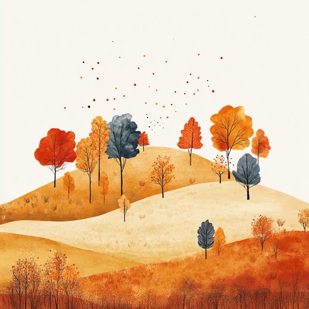 Landscape Illustration of autumn trees and hills capturing a vibrant seasonal vibe