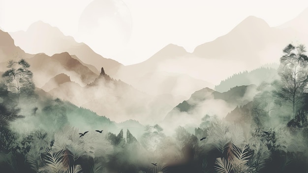 Landscape illustration with mountains fog and birds